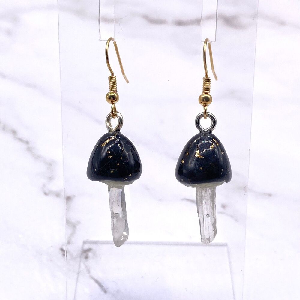 Black Mushroom Quartz Crystal Dangle wire hook polymer Clay Earrings